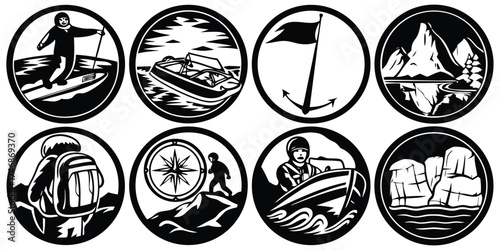 Collection of various adventure in antartica and outdoor activity icons