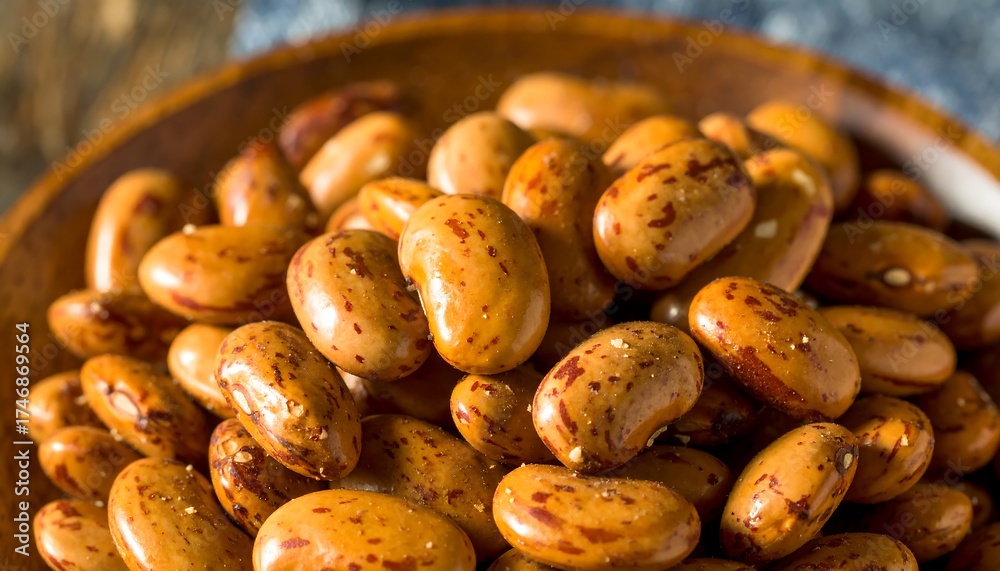 Obraz premium A close-up shot displays a wooden bowl filled with dried, speckled beans. The light brown legumes are scattered loosely, some glistening