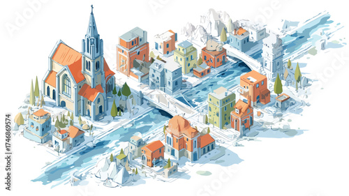 Isometric Urban Landscape with Modern Buildings, Church, River, and Mountains