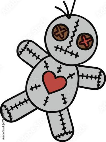 Voodoo doll illustration, stitched fabric doll with button eyes and red heart, spooky folklore artwork, mystical cultural decorative drawing