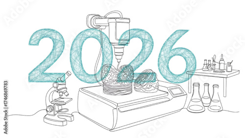 Continuous Line Drawing of 3D Bioprinting Equipment Creating Tissue with 2026 Holographic Overlay – Futuristic Medical Lab Illustration