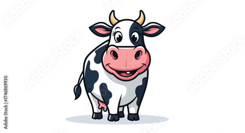 Happy Cartoon Dairy Cow Standing with Black and White Spots.
