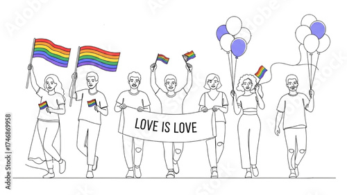 Continuous Line Drawing of Diverse LGBTQ+ People in Pride Parade with Rainbow Flags – Minimalist Celebration Illustration