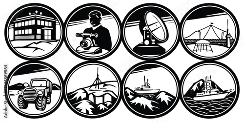 Vector art of set of arctic research station icons in detailed black and white
