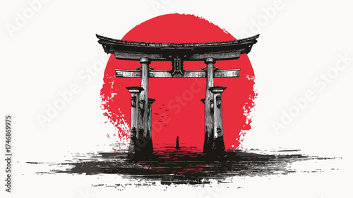 Japanese Shrine Gate Illustration | Masked Figure and Rising Sun Vector Art