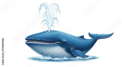 A friendly cartoon blue whale spouting a heart-shaped spray of water from its blowhole.