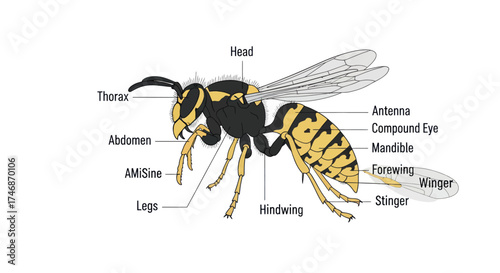 Detailed Anatomical Illustration of a Yellow and Black Wasp.