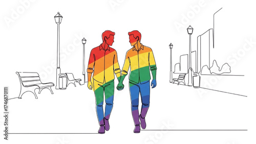 Continuous Line Drawing of Same-Sex Couple Walking Hand-in-Hand in City Street – Minimalist Love & Equality Illustration
