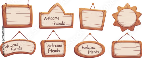 Set of cartoon wooden frames and blank signboards with rustic texture, vector illustration for game design, decoration, or interface