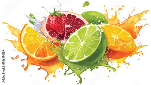 Juicy Fruit Splash Illustration | Vibrant Strawberry Orange Lime Grapefruit Vector Art