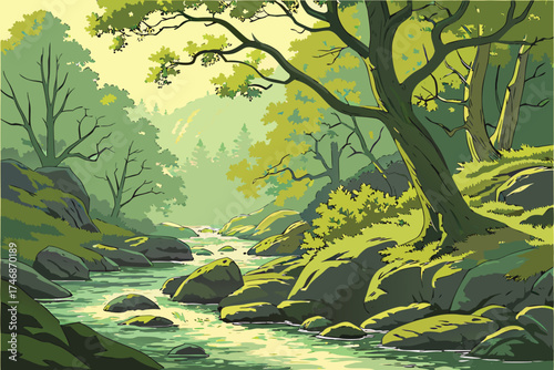 oil painting, beautiful lush forest, flowing stream, crystal clear water, rocky landscape, vibrant green foliage, dappled sunlight, serene and peaceful atmosphere, detailed and realistic, masterfull
