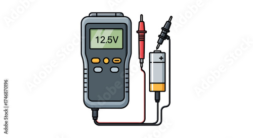 Handheld digital multimeter with probes measuring the voltage of a battery showing 125V on the screen.