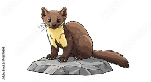 Cartoon Brown Marten with Yellow Chest Patch Sitting on Rock.