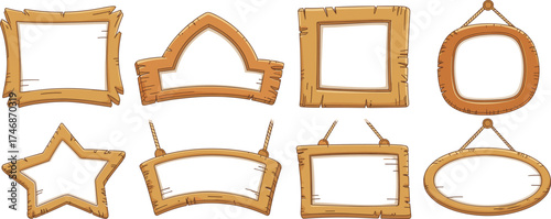 Set of cartoon wooden frames and blank signboards with rustic texture, vector illustration for game design, decoration, or interface