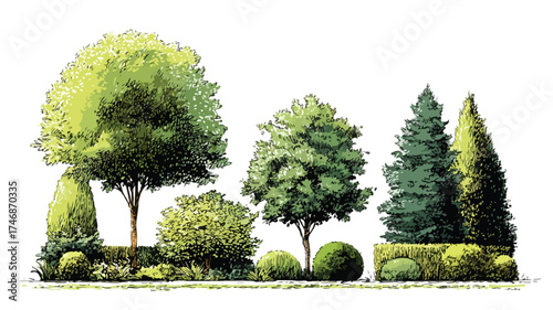 Professional Landscape Design Trees, Shrubs, and Hedge Vector Illustrations