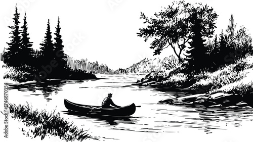 Adventure Canoeing on Scenic River Vector Illustration