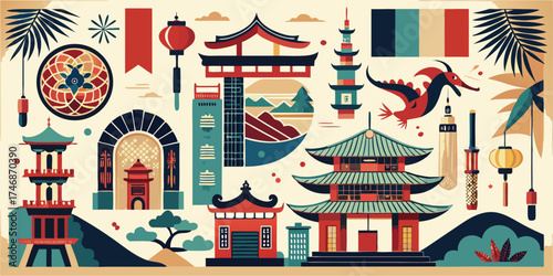 Vector art of asian culture symbols and landmarks, including architecture and decorations