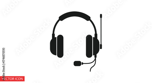 Black Silhouette of a Modern Headset with Microphone.
