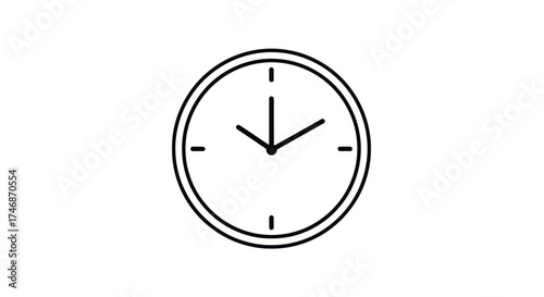 Simple black line art icon of a round analog clock with two hands and tick marks.