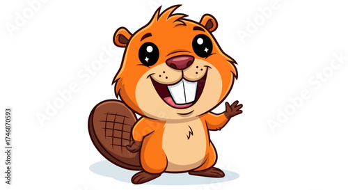 Cheerful Cartoon Beaver with Big Teeth and Waving Paw.