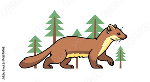 Cute Cartoon Weasel with Brown Fur and Yellow Belly Walking.