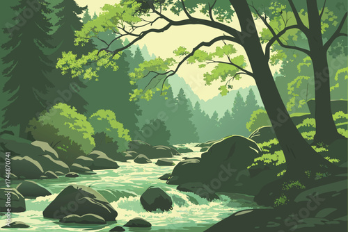 oil painting, beautiful lush forest, flowing stream, crystal clear water, rocky landscape, vibrant green foliage, dappled sunlight, serene and peaceful atmosphere, detailed and realistic, masterfull