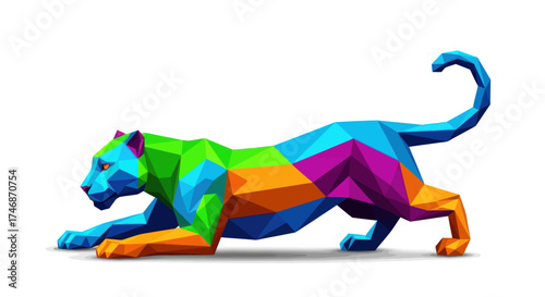 A stalking panther figure made of colorful vibrant geometric low-poly facets.
