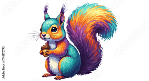 Colorful Cartoon Squirrel Holding Nut with Fluffy Tail.