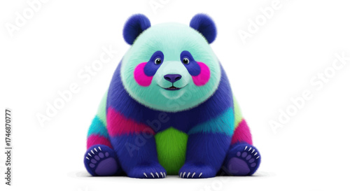 A cute and chubby rainbow panda bear with vibrant multicolored fur sitting down.
