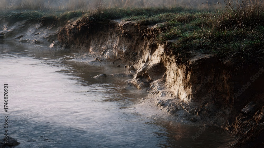 Fototapeta premium An eroded riverbank with visible soil layers grass growing on top and flowing water