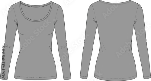 Women’s fitted shirt flat sketch, front and back view, scoop neck long sleeve design, fashion apparel illustration, garment construction technical drawing