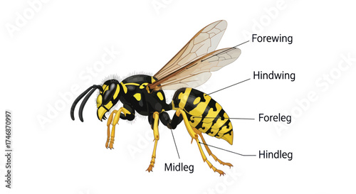 Detailed anatomical illustration of a yellow and black striped wasp with labeled parts.