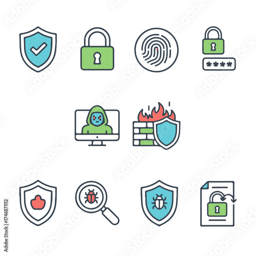 Cybersecurity and Online Safety Vector Icon Set Featuring Shield, Lock, Password, Fingerprint, and Digital Protection Symbols