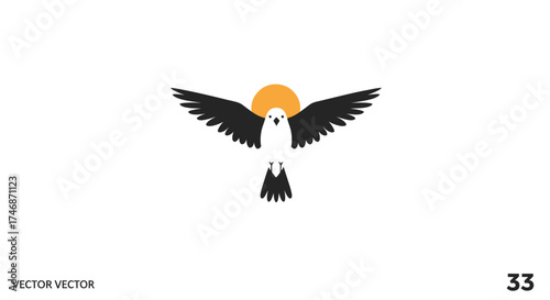 Stylized black and white eagle with spread wings flying in front of a yellow sun.