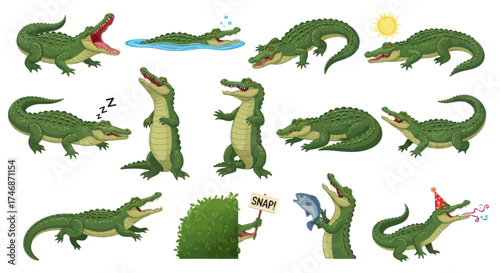Collection of cartoon crocodiles in various playful poses and activities.