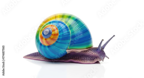 A vibrant snail with a beautiful multicolored rainbow spiral shell.