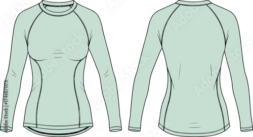 Women’s fitted shirt flat sketch, front and back view, crew neck raglan sleeve design, fashion apparel illustration, garment construction technical drawing