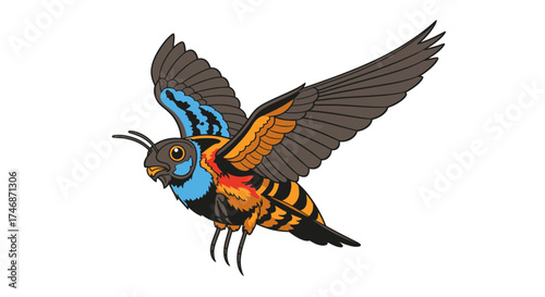 Vibrant illustration of a flying bee hawkmoth with colorful blue and orange wings and a striped body.