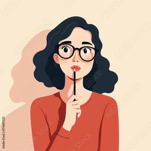 Young woman wearing glasses pondering with a pencil