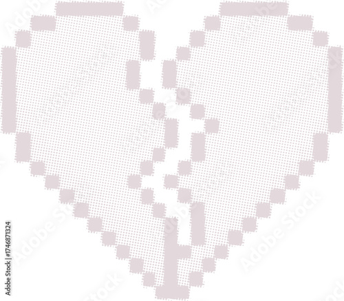 Vector art of a broken pixel heart with a halftone texture. Retro 8-bit gaming style icon symbolizing sadness, lost love, and heartbreak for t-shirts and stickers.