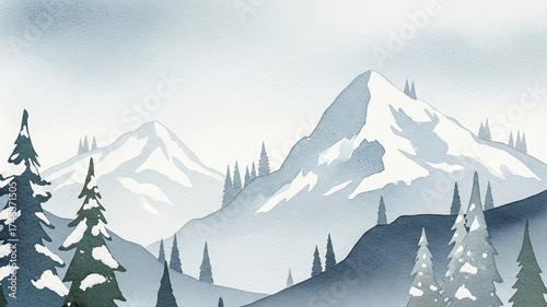 Minimalist Snowy Mountain Landscape Watercolor Painting with Pine Trees