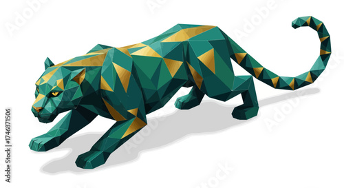 Geometric Teal and Gold Jaguar Sculpture in Crouching Position.