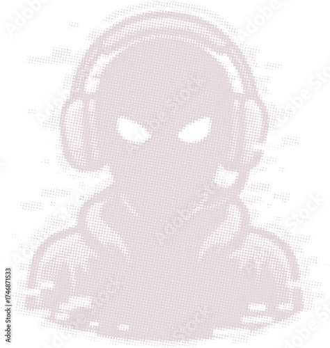 Halftone vector avatar of an anonymous gamer in a hoodie with glowing eyes. Abstract mascot with headphones for an esports team logo, stream branding, or t-shirts.