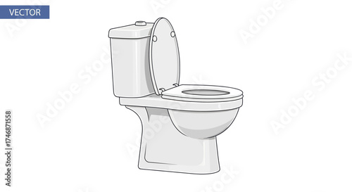 Modern white ceramic toilet with open lid and seat.