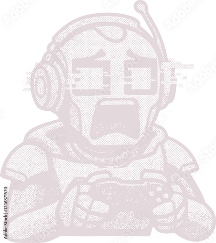 Halftone Robot Gamer with Emotional Glitch Effect. Abstract Sci-fi Illustration of a Sad Android with Controller Losing a Video Game.