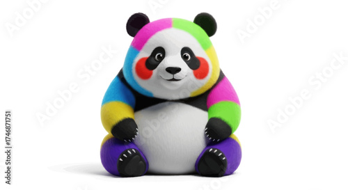 A cute colorful rainbow panda bear toy sitting down with vibrant multicolored fur and red cheeks.