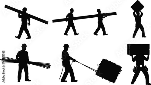 Construction worker silhouettes carrying beams, lifting heavy objects, pulling rope, industrial labor poses, teamwork strength, building site illustration, Christmas zombie