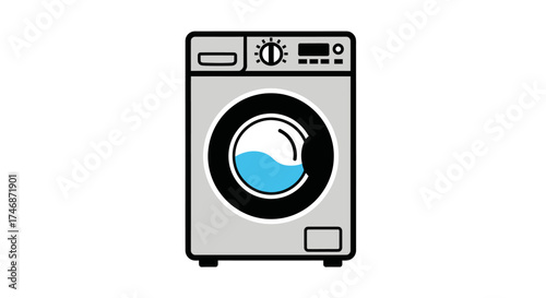 Front-loading washing machine with digital display and water inside.
