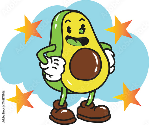 Cartoon avocado character with a happy expression surrounded by stars illustration
