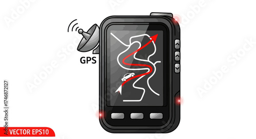 Black Portable GPS Tracking Device with Map Display and Satellite Icon.